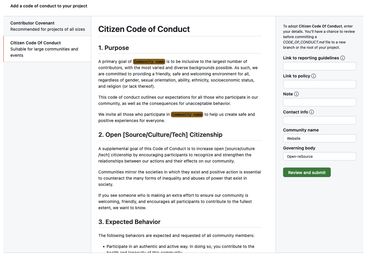 The Citizen Code of Conduct template on GitHub, with a form of several fields on the right and a Review and submit button.