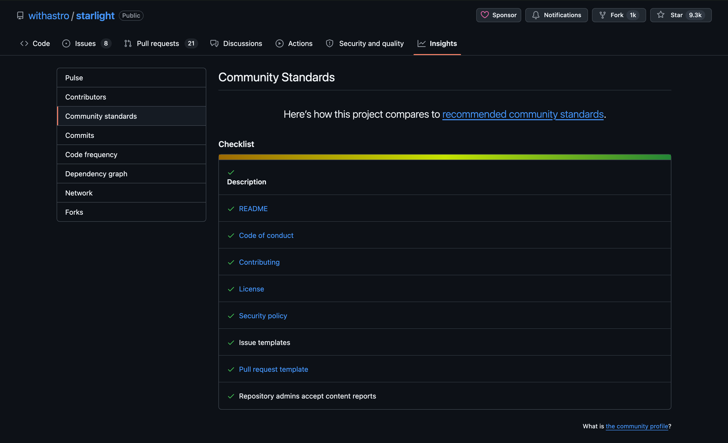 Starlight's Community Standards, all done: description, README, code of conduct, contributing, license, security, templates.